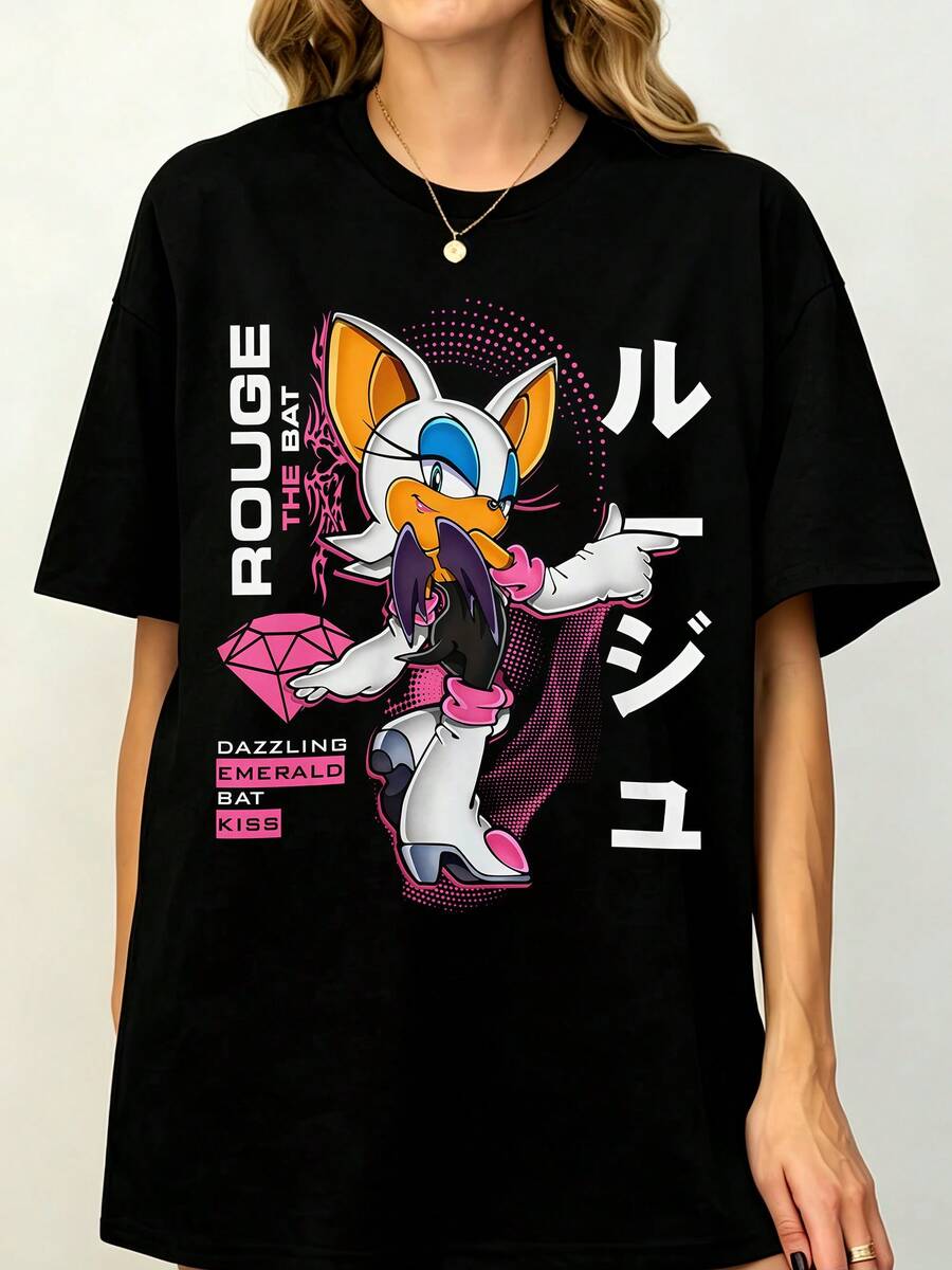 Rouges Thes Bats Heroes Vintage Japanese Anime T-Shirt, Retro Game Character Unisex Tee Summer Autumn Fan Gift - 黑色 - 查看 1