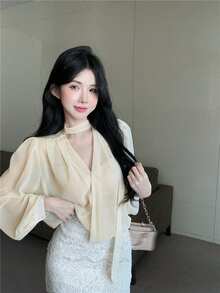 Women's Solid Color Elegant Bow V-Neck Long Sleeve Blouse - Apricot - View 3