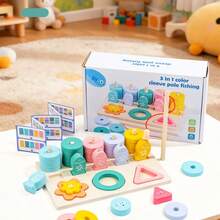 1 Set Baby Fishing Shape Puzzle Toy, Geometric Shape Color Sorting Hand-Eye Coordination Training Wooden Educational Toy - Multicolor - View 2