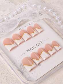 10pcs Y2K Square Nail Sticker Set, Handmade Pink & White French Press-On Nails, Hand-Painted Asymmetrical French Edge With 3D Gold Pattern, Exquisite Glossy Elegant Fake Nails, Suitable For Party & Daily Wear, Women & Girls Holiday Gift - Multicolor - View 6
