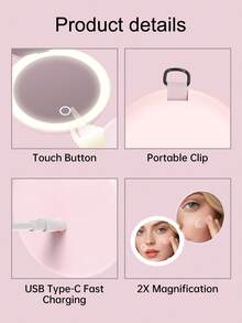 SEAMIRROR Portable Pocket Mirror With Light, Foldable Makeup Princess Mirror, 1X/2X Magnifying Mirror, Handheld Rechargeable Makeup Mirror, LED 3-Color Light, Stepless Dimming - Multicolor - View 5