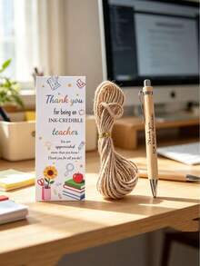 Ensemble cadeau de 36 stylos à bille pour enseignants, comprend un marque-page de remerciement, de la corde de chanvre et des stylos à encre noire, cadeau parfait pour les enseignants le premier jour d'école, idéal pour la fête des enseignants, la rentrée scolaire, convient aux fournitures de bureau et d'école, ou à offrir aux collègues enseignants et amis (18 pièces/36 pièces) - A - Voir 3