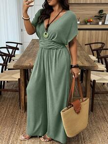 Mono largo de verano con mangas de murciélago, cuello en V y nudo, estilo casual de vacaciones, holgado, talla grande, ropa de calle diaria, pierna ancha, color café oscuro para mujer - Verde militar - Ver 7