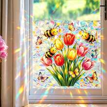 1pc Color Stained Glass Tulip Floral Window Stickers Iridescent Laser Holographic Butterfly Pattern Prism Light Refraction Self Adhesive PVC Decals For Household Bedroom Living Room Window Soft Natural Floral Scene Home Decor - Multicolor - View 7
