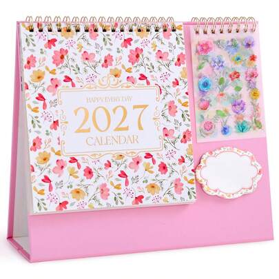 2027 Standing Flip Desktop Desk Calendar, 2026 September To 2027 December, Flip Floral Planner Calender With Stickers
