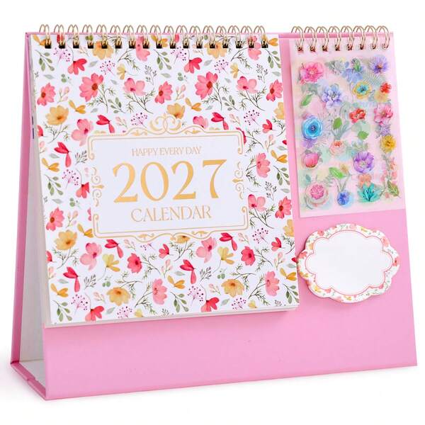 2027 Standing Flip Desktop Desk Calendar, 2026 September To 2027 December, Flip Floral Planner Calender With Stickers