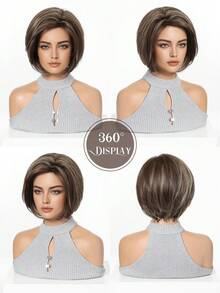 Wig Bob Pendek Wanita 8 Inci, Rambut Sintetis, Gaya Bob Berlapis Cokelat Alami, Wig Rambut Pendek Lurus Belahan Samping, Cocok untuk Pemakaian Sehari-hari dan Pesta - MultiWarna - View 8