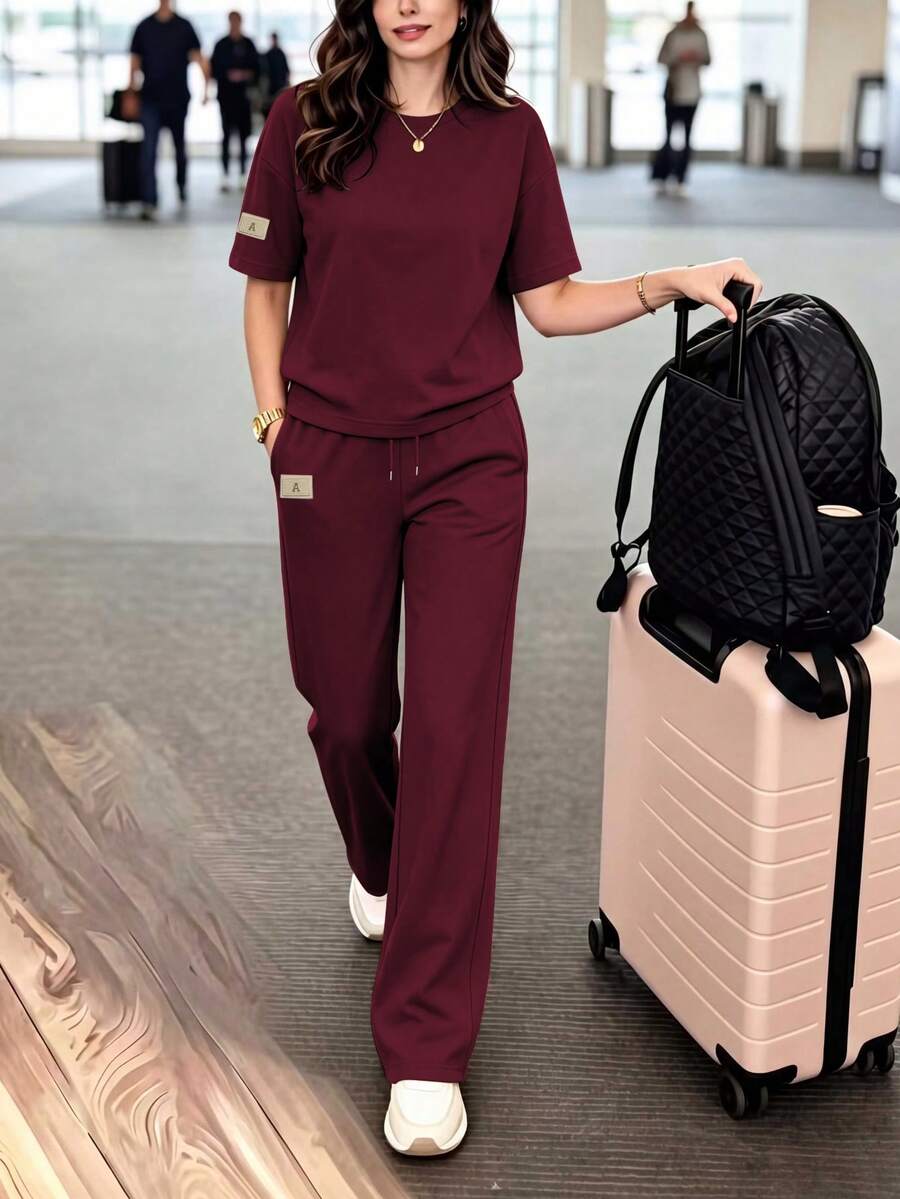 女款休閒兩件套,圓領T恤搭配微彈性長褲,舒適居家服套裝,附口袋,優雅夏季款 - 酒紅色 - 查看 1