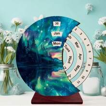 1pc Wooden Manual Rotating Calendar Ornament, Vibrant Aurora Landscape Art Desk Calendar, Fashion 2D Flat Decoration, Suitable For Home, Office, Bedroom, Commemorative Gift For Classmates And Friends - Colorful Aurora - View 2