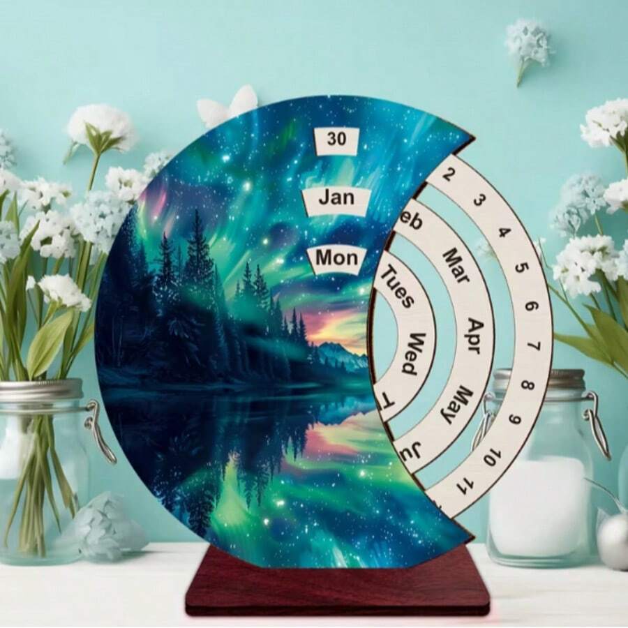 1pc Wooden Manual Rotating Calendar Ornament, Vibrant Aurora Landscape Art Desk Calendar, Fashion 2D Flat Decoration, Suitable For Home, Office, Bedroom, Commemorative Gift For Classmates And Friends