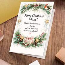 1 Greeting Card + 1 Envelope Warm Festive Christmas Greeting Card, Robin And Gift Box Design "Merry Christmas Mum", For Mother, Winter Holiday Watercolor Style. - View 7