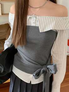 Sweet & Spicy 2 In 1 Patchwork Slim Fit Tie-Front Shirt Tops (Random Stripes) - Grey - View 3