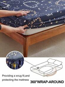 1pc Heart & Star Print Single Fitted Sheet, Minimalist Starry Sky Pattern Polyester Mattress Protector, Soft & Breathable, Machine Washable, Deep Pocket, Suitable For All Seasons - Multicolor - View 7