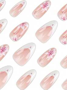 30pieces Press On Nails Short Almond French Tip Fake Nails With Pink Floral Flower Print Designs Glossy Falses Nails Kit Including Jelly Glue Tabs And Mini Nail File For Girls Women Daily Wear Suitable For Gatherings And Daily Use - Multicolor - View 2