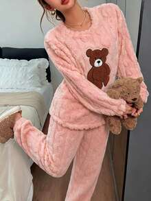 2pcs/Set Women's Winter Teddy Bear Pattern Embroidered Thick Long Sleeve Long Pants Fleece Pajama Set - Coral Pink - View 3