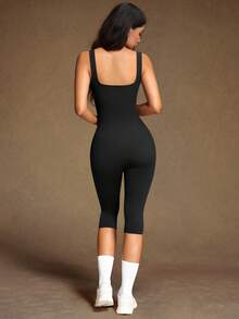 VVX Women's Yoga Capri Jumpsuit Square Neck Backless Tummy Control Butt Lifting, Workout Shorts Romper Seamless Ribbed Sleeveless Unitard For Gym Sports - Black - View 4