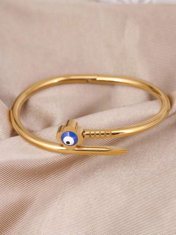 Set Gelang Tumpuk Warna Emas 4pcs/1pc, Gelang Mata Jahat Terbuka, Rantai Tennis, Gelang Stainless Steel Pola Spiral dengan Manik Bambu - Yellow Gold - View 15