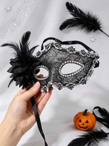 1pc Halloween Venetian Lace Mask With Side Floral Rhinestone Half Face Eye Mask, Unisex Costume Accessory For Masquerade Ball, Carnival Party, Photo Props - Multicolor - View 4