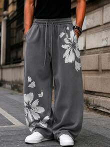 Pantalon de survêtement large pour homme Fractyr, imprimé floral marguerite vintage usé, gris foncé, taille élastique à cordon de serrage, lavé, ample, style streetwear baggy - Gris foncé - Voir 3