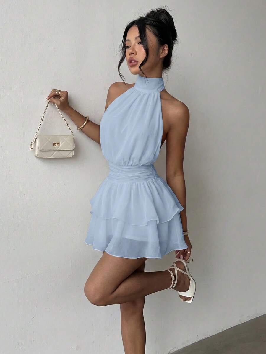 Vestido mini elegante de moda con cuello halter, espalda descubierta y volantes en capas - Boda - Celeste - Ver 1