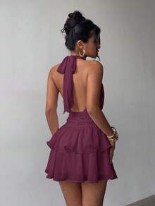 Elegant Fashion Halter Neck Backless Layered Ruffle Mini Dress Wedding - Purple - View 2