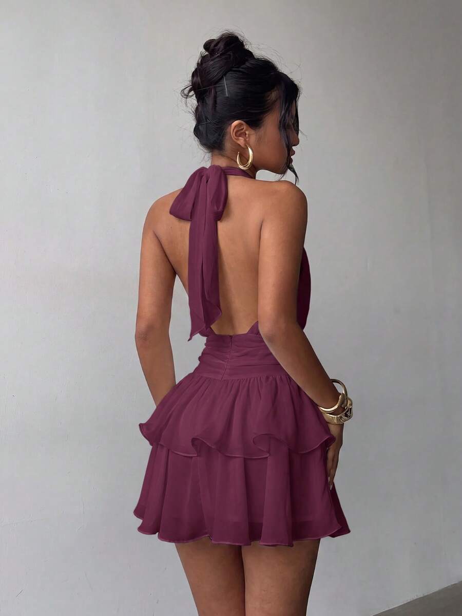 Elegante vestido mini de moda con cuello halter, espalda descubierta y volantes en capas para boda - Morado - Ver 1