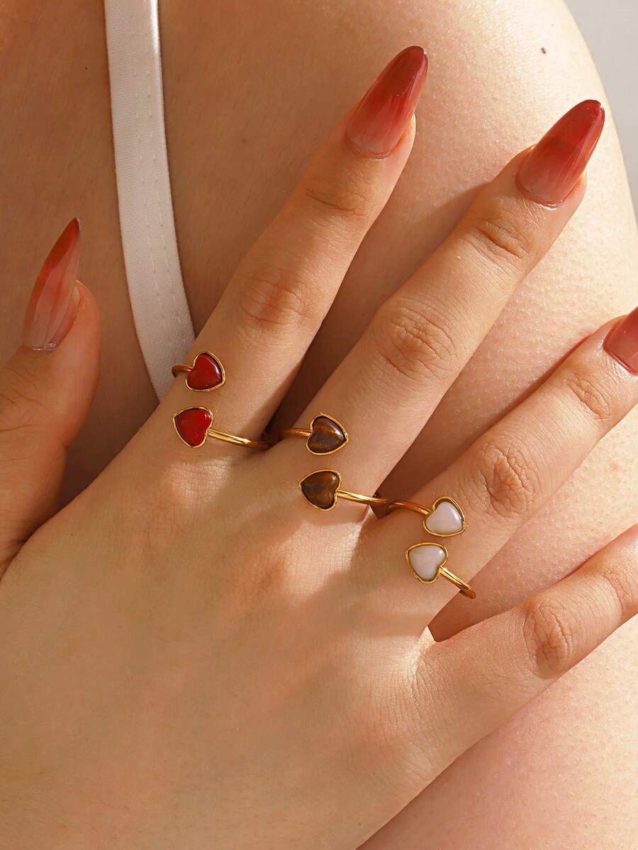 1/3pcs Stainless Steel Minimalist Heart Rings, Suitable For Women's Daily, Holiday, Date Wear - Multicolor - View 1