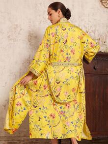 Bohemian Contrast Floral Print Mid-Length Long Sleeve Kimono Cover Up Thin Jacket Women's Elegant Casual Cover-Up Beach Travel Vacation Haori Fall - Yellow - View 3