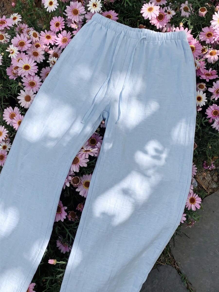 Women's Summer Lightweight Breathable Casual Pants, Light Blue Elastic Waist Drawstring Loose Drape Lazy Wide Leg Long Pants - Baby Blue - View 1