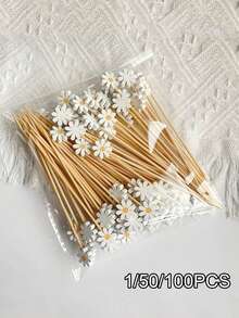 1/50/100pcs White Daisy Decorative Picks, Suitable For Fruit, Dessert, Snack And Cocktail Decoration, Applicable For Daily Home (Tableware) And Party (Dessert Table, Cocktail Party) - Multicolor - View 1