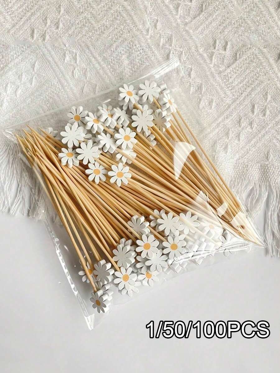 1/50/100pcs White Daisy Decorative Picks, Suitable For Fruit, Dessert, Snack And Cocktail Decoration, Applicable For Daily Home (Tableware) And Party (Dessert Table, Cocktail Party) - Multicolor - View 1