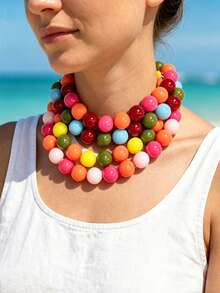 1pc European & American Bohemian Geometric Mixed Color Beaded Necklace For Women, Summer Beach Vacation - Mixed Color Beaded Necklace - View 2