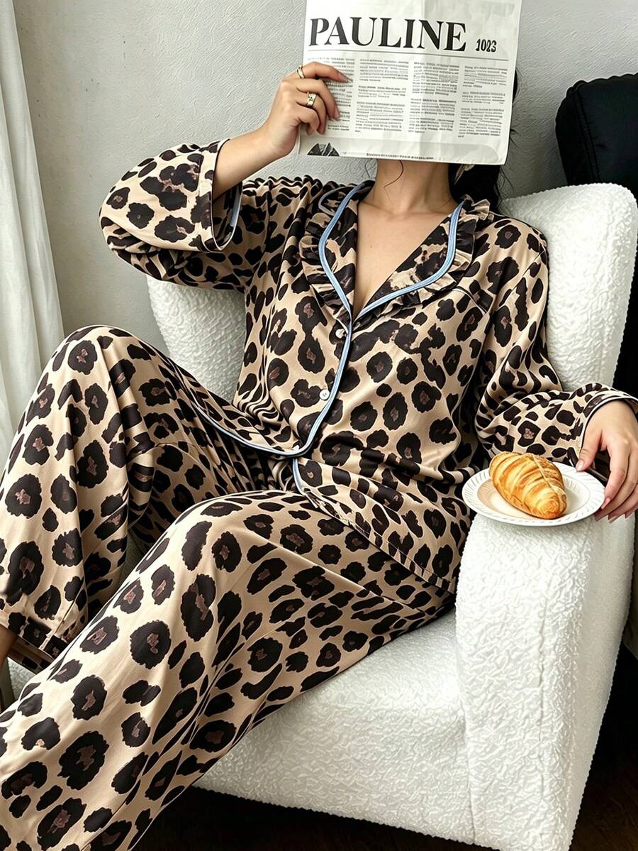 Dreamivo Conjunto de 2 piezas para mujer talla grande con cárdigan de manga larga de satén con estampado de leopardo y cuello en V profundo + pantalones de pierna ligeramente ancha con ribete de contraste azul - Multicolor - Ver 1