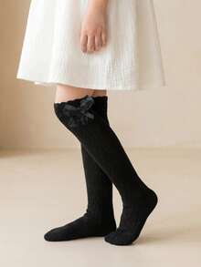 1 Pair Cotton Bow Girls Socks, Cute Children's Mid-Calf Socks, Spring Summer Autumn Girls Ruffle Socks, Princess Socks - Black - View 3