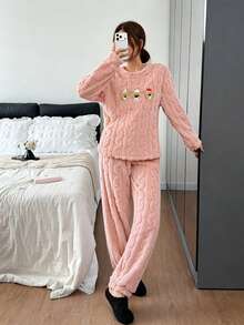 Dreamivo 2pcs/Set Women's Winter Cute Bear Pattern Embroidered Thick Long Sleeve Long Pants Fleece Pajama Set - Coral Pink - View 1