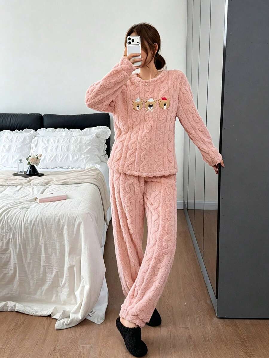 Dreamivo 2pcs/Set Women's Winter Cute Bear Pattern Embroidered Thick Long Sleeve Long Pants Fleece Pajama Set - Coral Pink - View 1