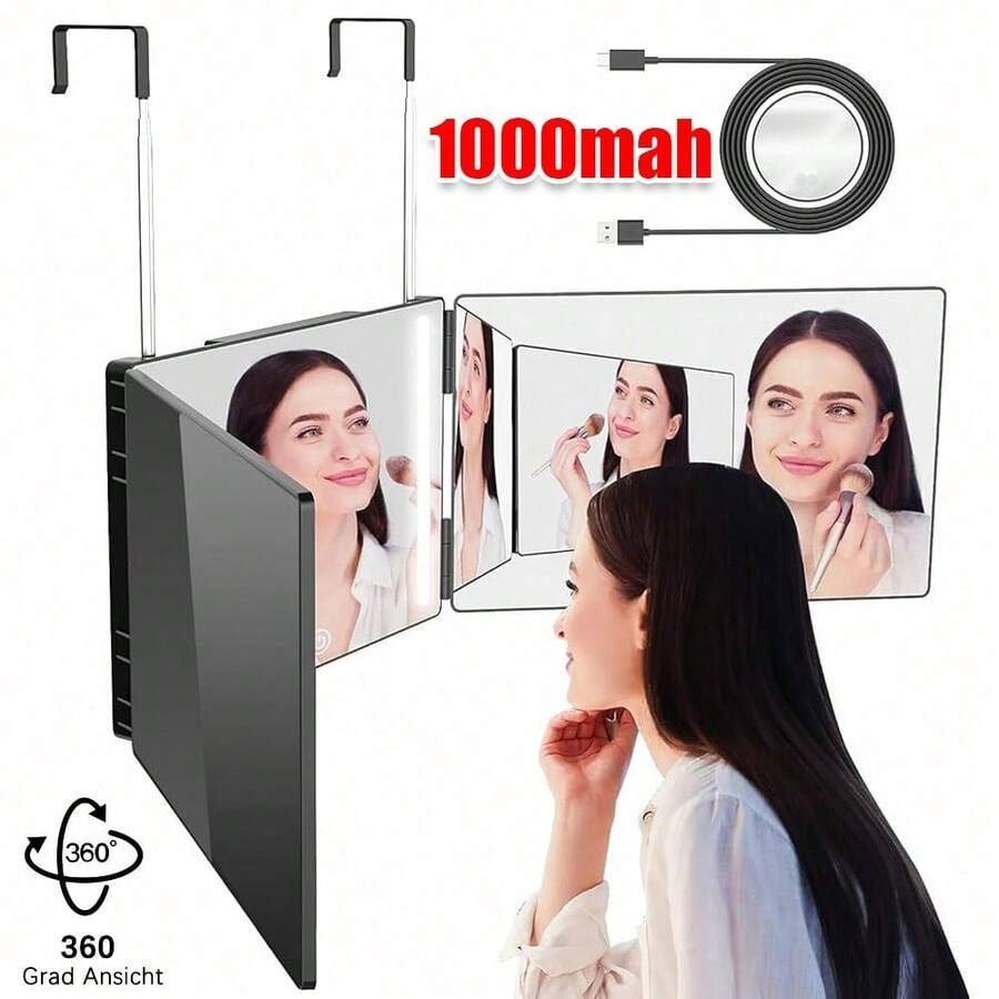 Hängender Faltbarer 3-Wege-Spiegel Mit LED-Licht & 2 Verstellbaren Haken, 360°-Rundumsicht Für Make-up & Haarstyling – Ideal Für Miet-Schlafzimmer, Wohnheim-Frisiertische & Professionell Beleuchtete Körperpflege - Schwarz 1St - Übersicht 1