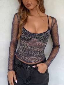 Women's Autumn Leopard Print Top With Large Scoop Neck And Long Sleeves, Suitable For Dates And Parties - Grey - View 6