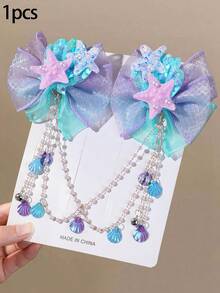 1pc Girls Multi-Color Double Layer Bow Mermaid Tail Starfish Pearl Detachable Forehead Hair Clip With Mesh Shell Bead Chain Bell Versatile Forehead Back Head Side Clip Hair Accessory For Daily Use - Multicolor - View 5