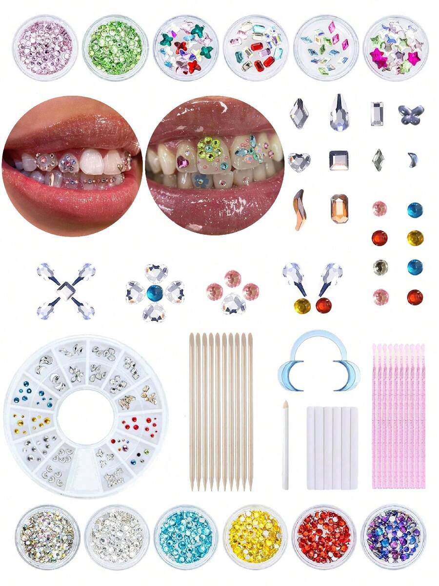 28pcs/1set Cute Colorful Butterfly Tooth Inlay Set, Faux Rhinestone Tooth Fashion Inlay, DIY Tooth Beginner Jewelry, Suitable For Men And Women (Glue Not Included) - 28PC Multi-color Set - View 1