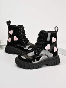 Girls' Black Shiny Ankle Boots With Side Glitter Heart Decor, Convenient Side Zipper & Lace-Up Thick Sole, Sweet Versatile Work Boots For Autumn/Winter - Black - View 2
