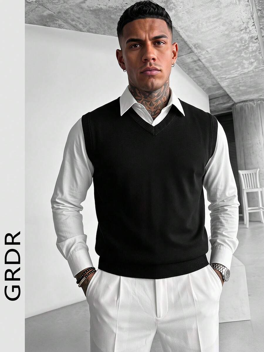 GRDR Men's Solid Color V-Neck Casual Versatile Knitted Vest