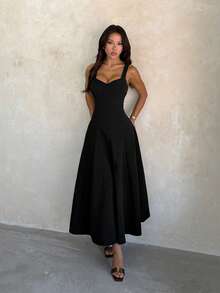 Women's Summer Black A-Line Spaghetti Strap Elegant Dress For Birthday, Holiday, Party - Black - View 5