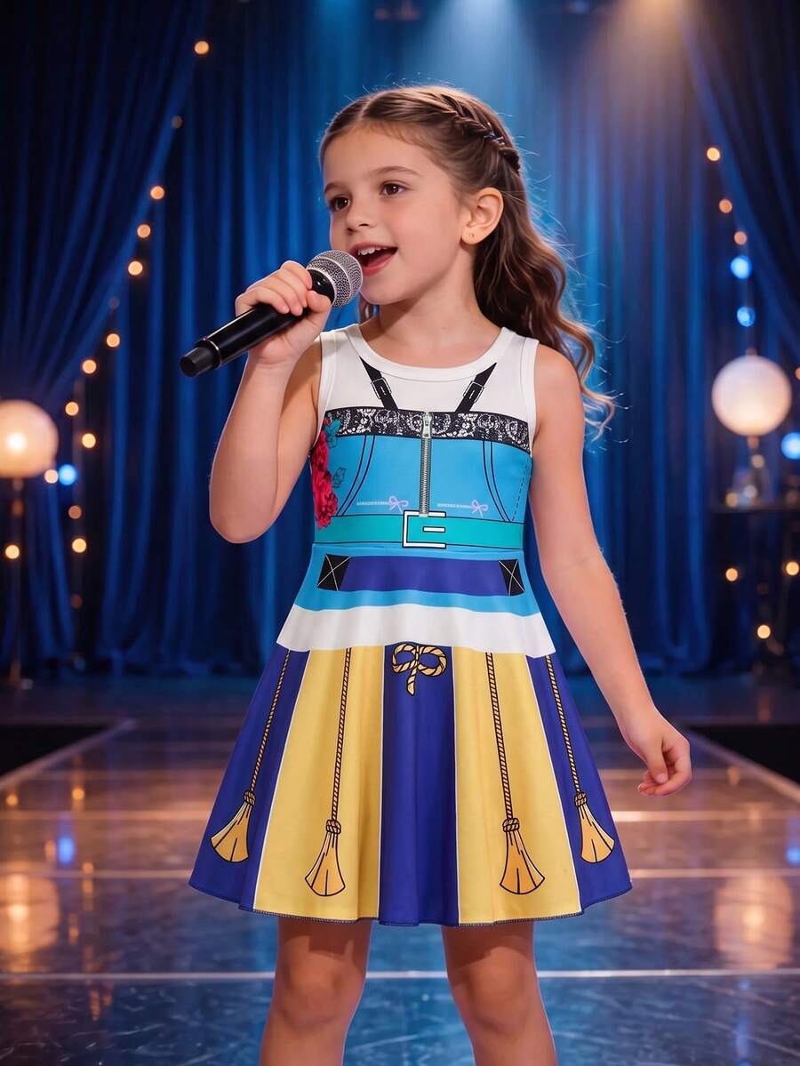 Girls Halloween Summer Fashion Korean Style Sleeveless A-Line Dress, Stage Style Casual Comfortable Dress - Baby Blue - View 1