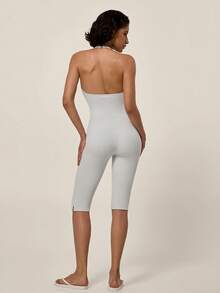 TimeOff Jumpsuit Wanita Satu Potong Warna Polos Model U-Neck Halter Tanpa Punggung dengan Tali Bahu yang Dapat Diatur dan Belahan Samping, Model Atletik Panjang Sedang - Grey - View 7
