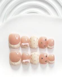 10片甜美風手工穿戴甲，Polygel美甲套組，星星、波點、貓眼、粉色蝴蝶結、粉色指甲油，休閒風，含美甲工具，3種尺寸可選，方形、短方形、杏仁形，適合派對、跳舞、日常配戴 - 彩色 - 查看 2