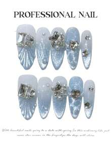 10pcs Handmade Press-On Fake Nails, Blue Cat Eye Ocean Heart Elegant Design, Long Almond Fish Tail Shape With Rhinestones, For Women - Baby Blue - View 4