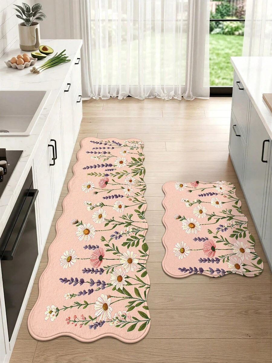 DAJIANG 1pc Floral Shaped Long Runner Rug, Kitchen Rug, Suitable For Bathroom, Kitchen, Outdoor, Hallway, Bedroom, Living Room, Machine Washable And Easy To Clean, Non-Slip Entryway Mat, Bedroom Decor Rug Accessory