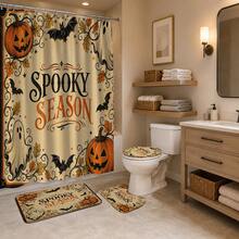 1pc/4pcs Halloween Vintage Beige Ghost Bat Pumpkin Multi-Function Bathroom Decor Shower Curtain Set, Free 12 Hooks, Premium Holiday Atmosphere, Bathroom Mat, U-Shaped Rug And Round Toilet Lid Cover, Suitable For All Scenes Decoration Bathroom Set - Pumpkin Ghost - View 4