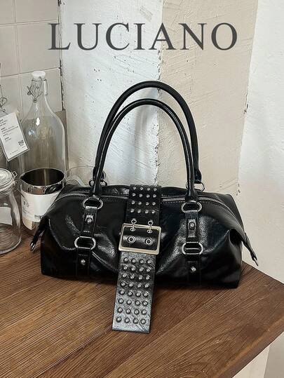 American Vintage Motorcycle Style Black Boston Bag, Y2K Hot Girl Commuter Large Capacity Crossbody Bag, Street Personalized Punk Style Rivet Belt Buckle Shoulder Bag, Durable PU Leather Multi-Carry Underarm Bag